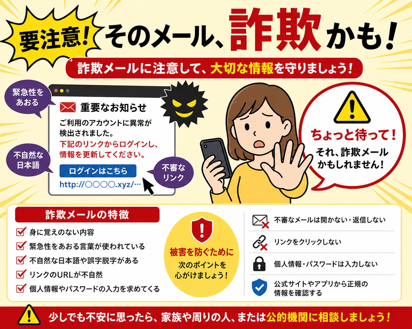 詐欺メールを見分ける注意喚起イラスト